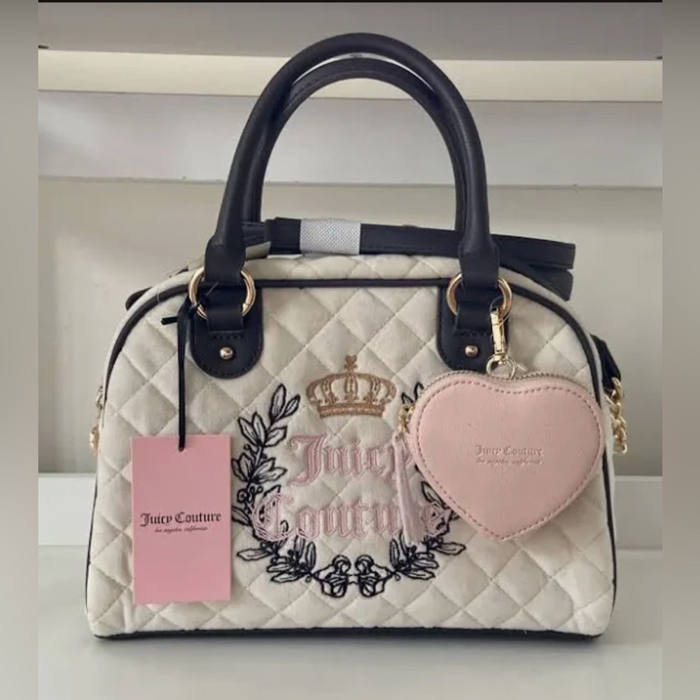 ❌SALE❌NWT Juicy Couture Velour Crystal Chocolate Quilted Royal Moment Bowler Bag